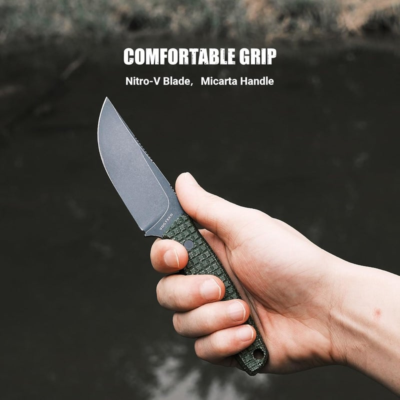 Vosteed EDC Fixed Blade Knife - 3.33’’ Nitro-V Blade with Sheath, Clip Point, Green Micarta Handle - Perfect for Men Women Camping Hiking Knives - Mink D0102 - Image 3